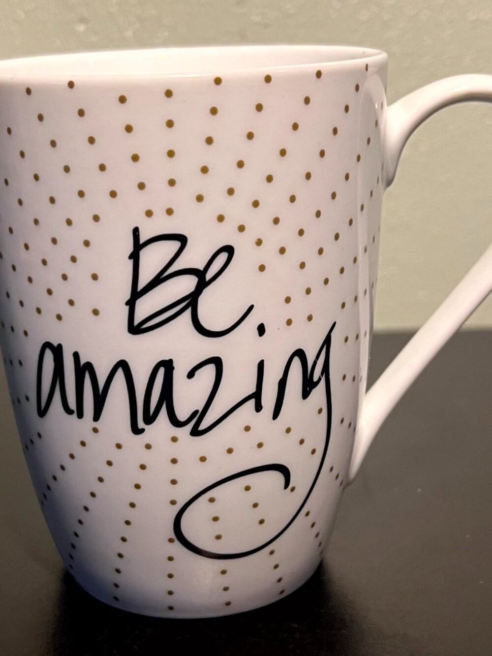 Prima Design BE AMAZING Metallic Gold Polka Dot Tall Tapered White Ceramic Mug